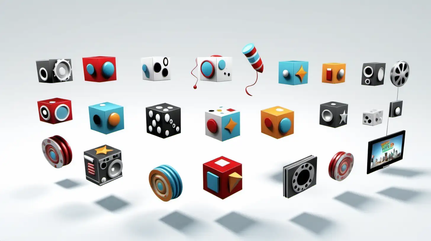 Colorful 3D Entertainment Icons Floating on White Background