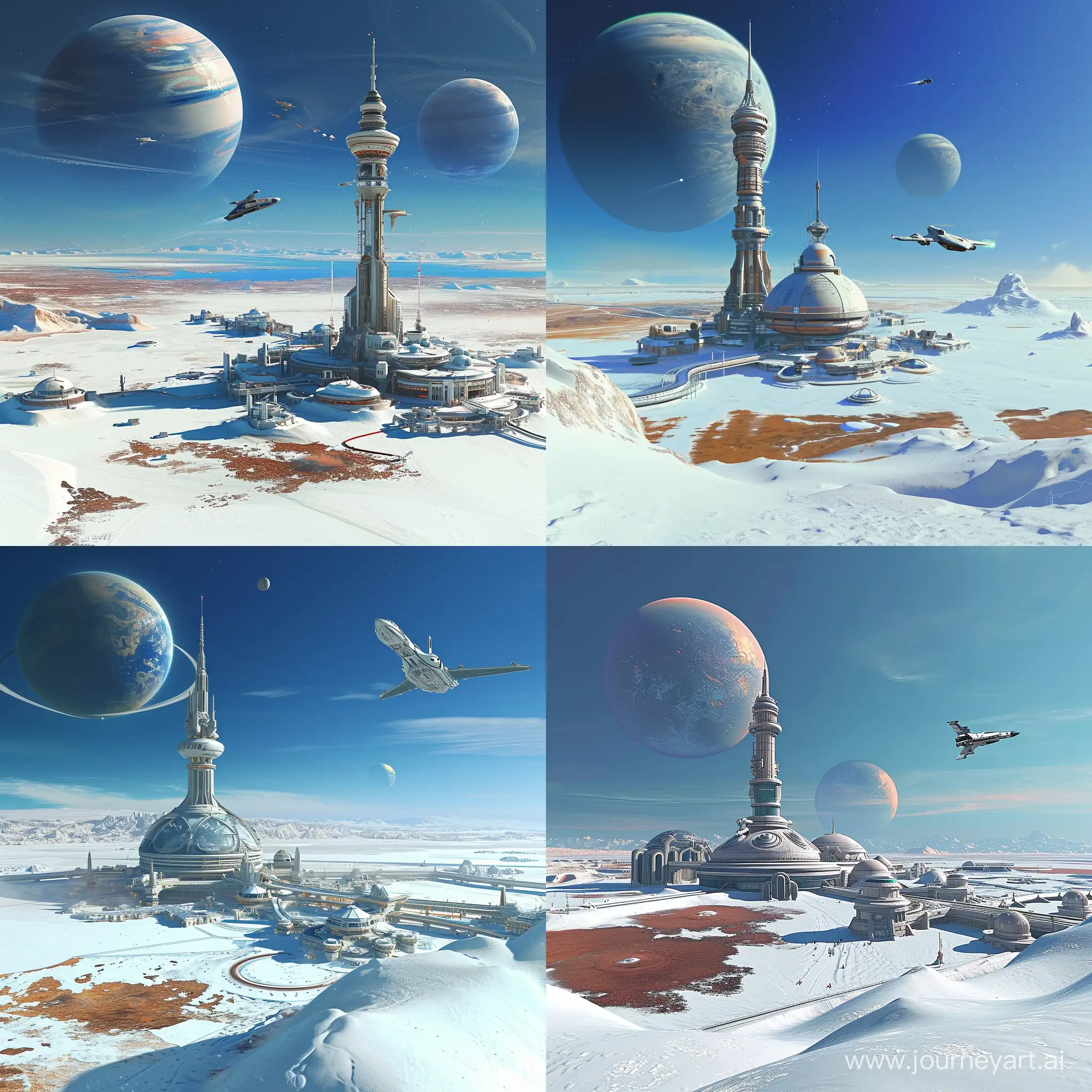 there is a space station located on a planet with a white snowy surface. The station features a circular dome and a tall tower with a spire on top. The sky is blue and there are two planets visible in the background. A spaceship is visible in the sky, flying towards the station. The planet's surface is covered in white snow and there are patches of brown land visible. The station is surrounded by a few buildings some of which are connected by walkways. The whole scene is visually striking and imaginative. --v 6