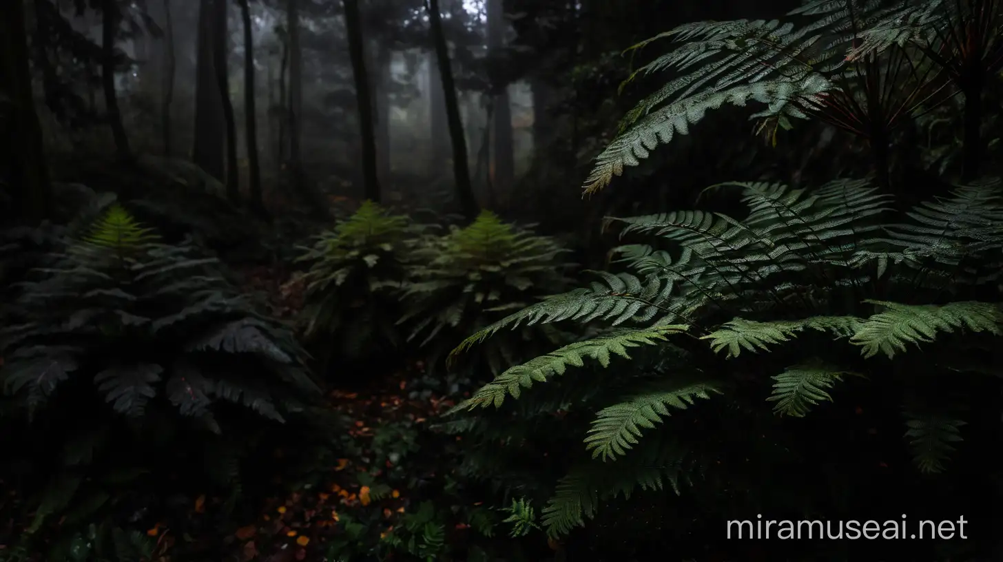 Enchanted Forest with Dark Conifers and Ferns in Moonlight