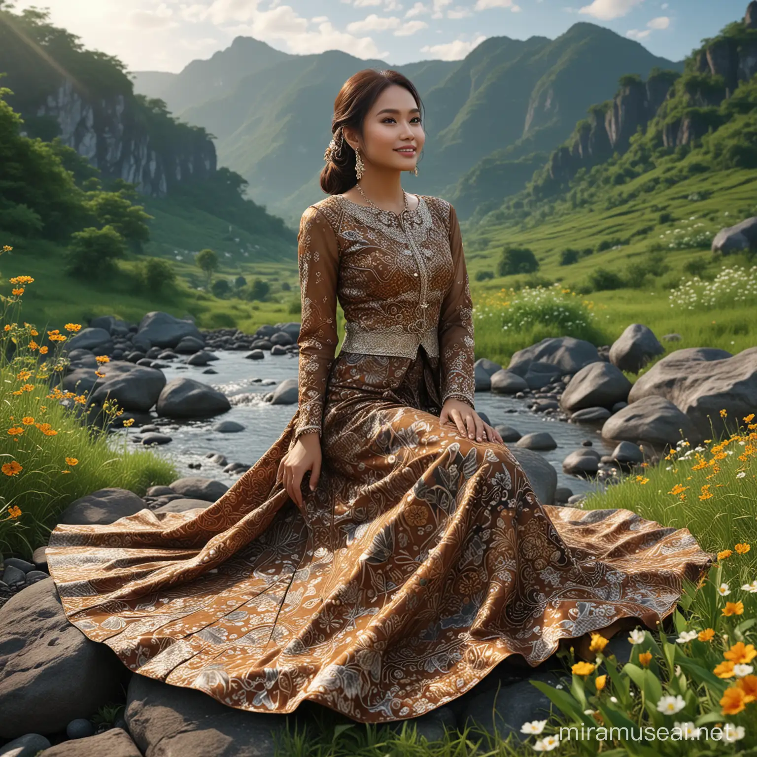 Indonesian Woman in Batik Dress Admiring Nature on Rocky Hill