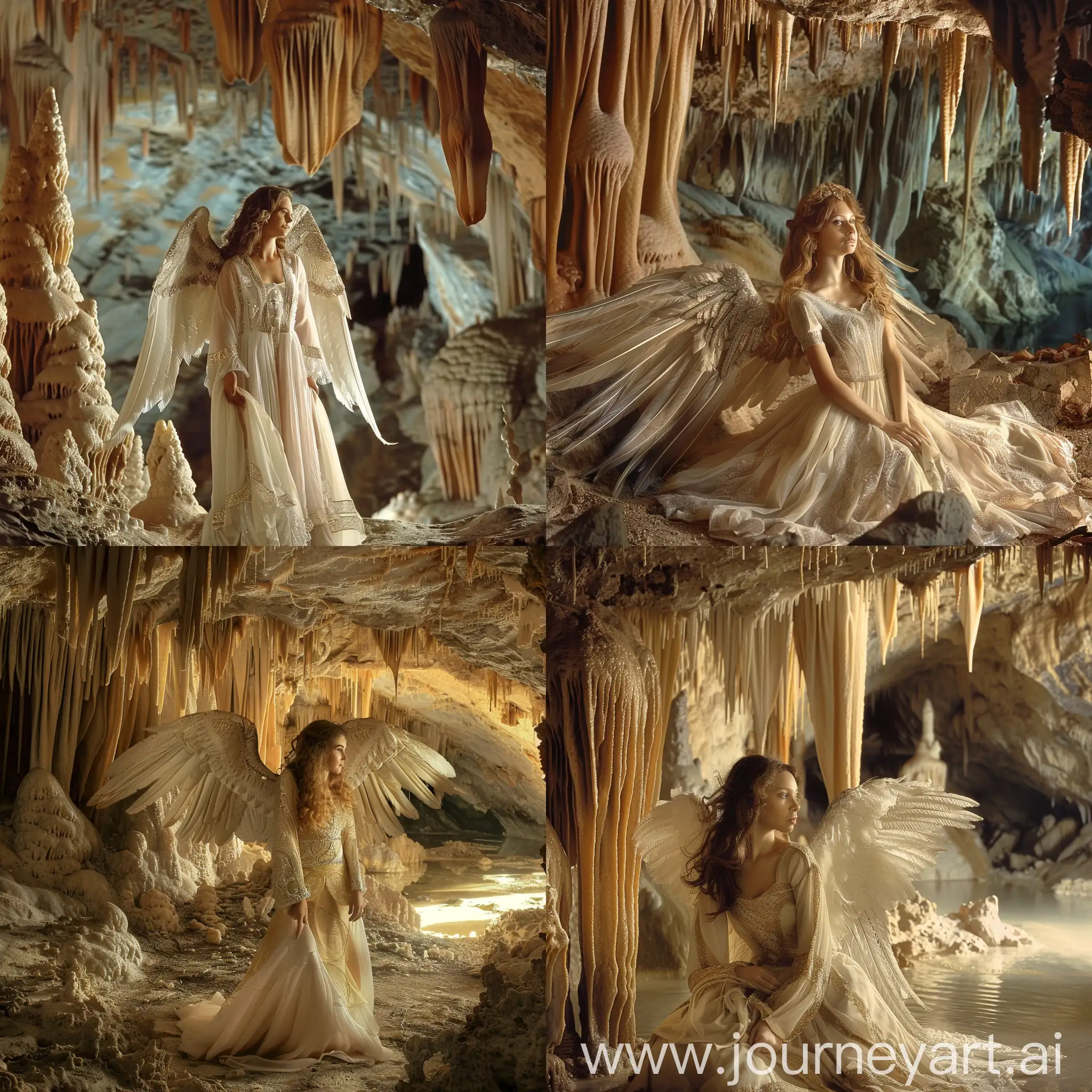 A beautiful medieval angel woman in a cave with stalagmites and stalactites.