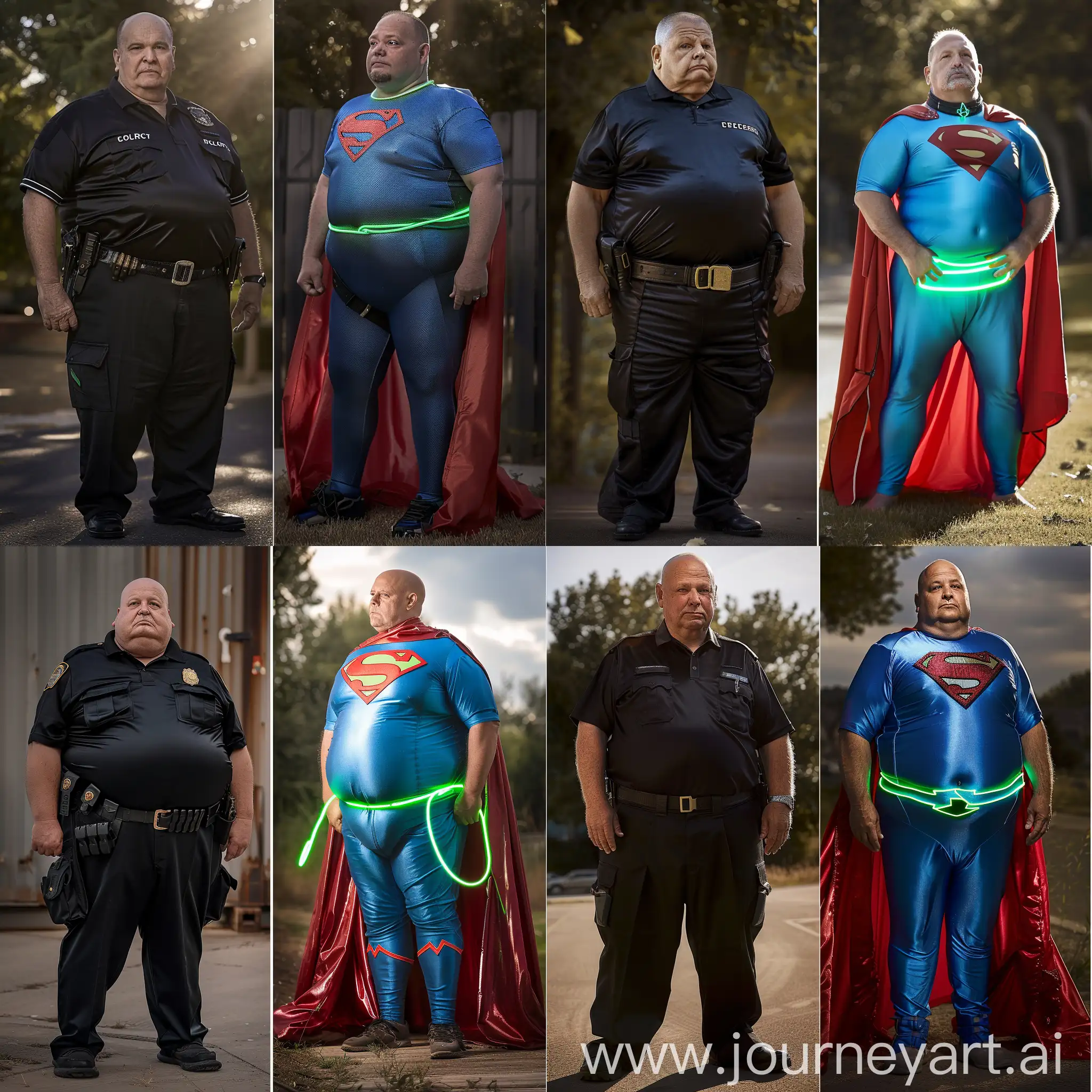 Photo of two men. On the left is a very fat man aged 70 wearing silk black security guard battle pants and a tucked in black silk sport polo shirt. Heavy black tactical duty belt. On the right is a fat man aged 60 wearing a silk blue superman tight costume with a large red cape and a tight green glowing neon dog collar. Outside. Natural Light.