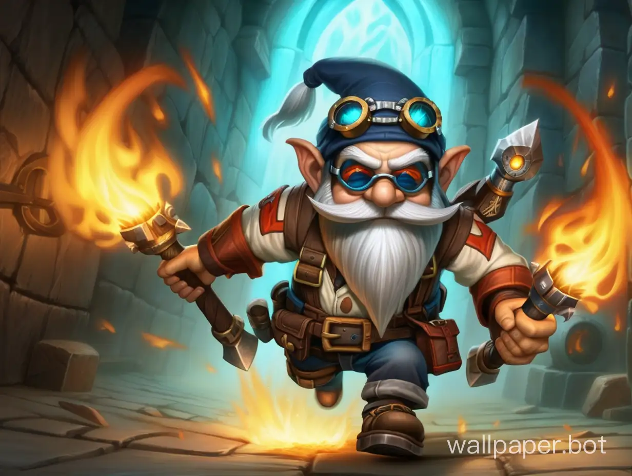 world of warcraft gnome engineer with goggles and twin assassin blades running towards you in a dungeon lit by torches