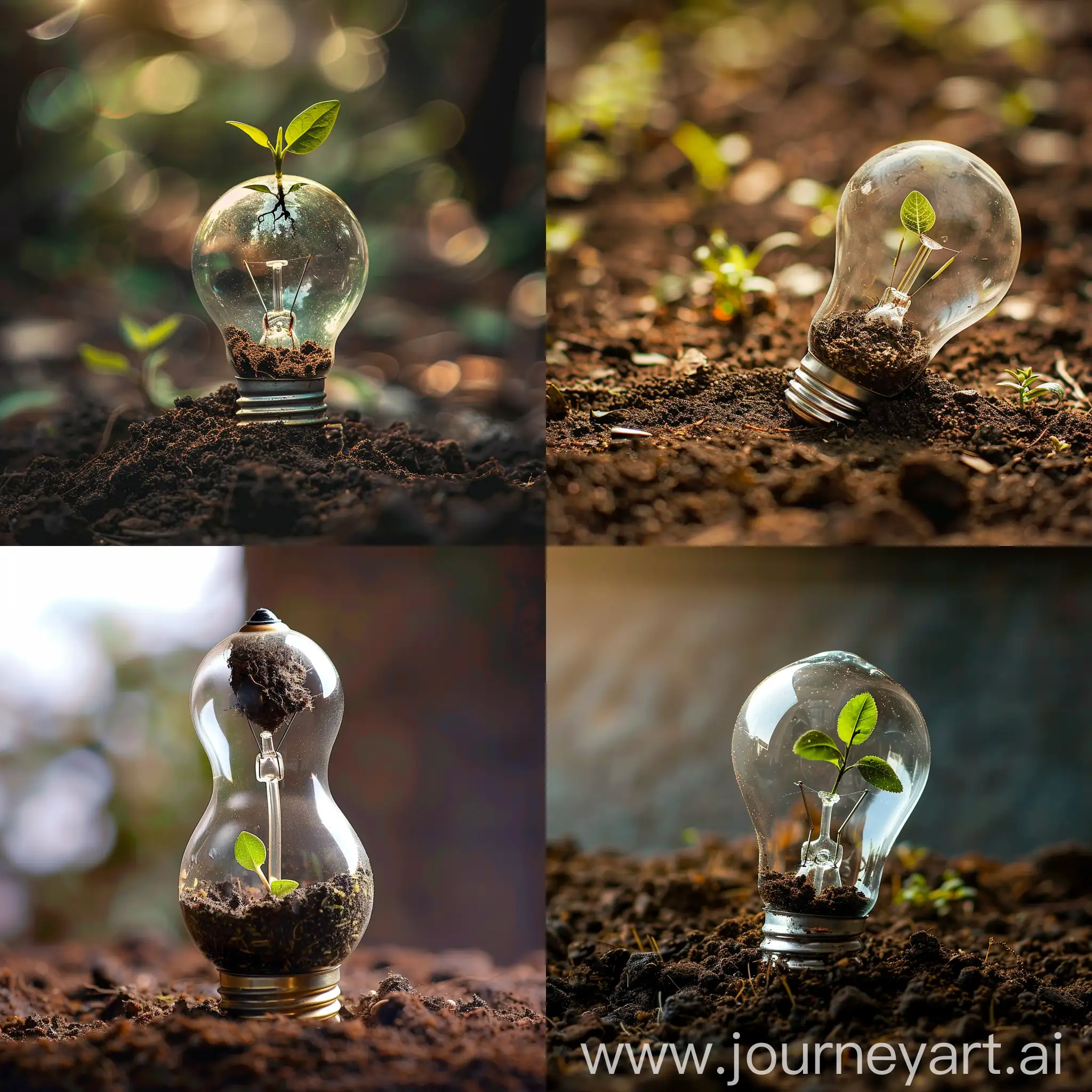 a bulb that has been kept on soil, showing soil inside and a small plant growing out of that soil inside the bulb. the whole picture signifying green energy