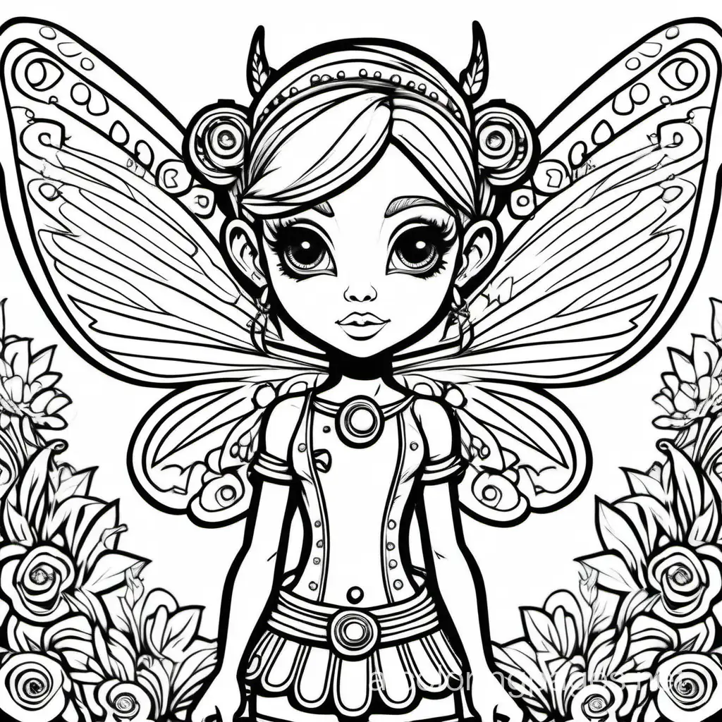 an adult coloring page that is very detailed of a cute round big faced, big eyes punk rockstar style fairy. Put the fairies wings on her back., Coloring Page, black and white, line art, white background, Simplicity, Ample White Space. The background of the coloring page is plain white to make it easy for young children to color within the lines. The outlines of all the subjects are easy to distinguish, making it simple for kids to color without too much difficulty