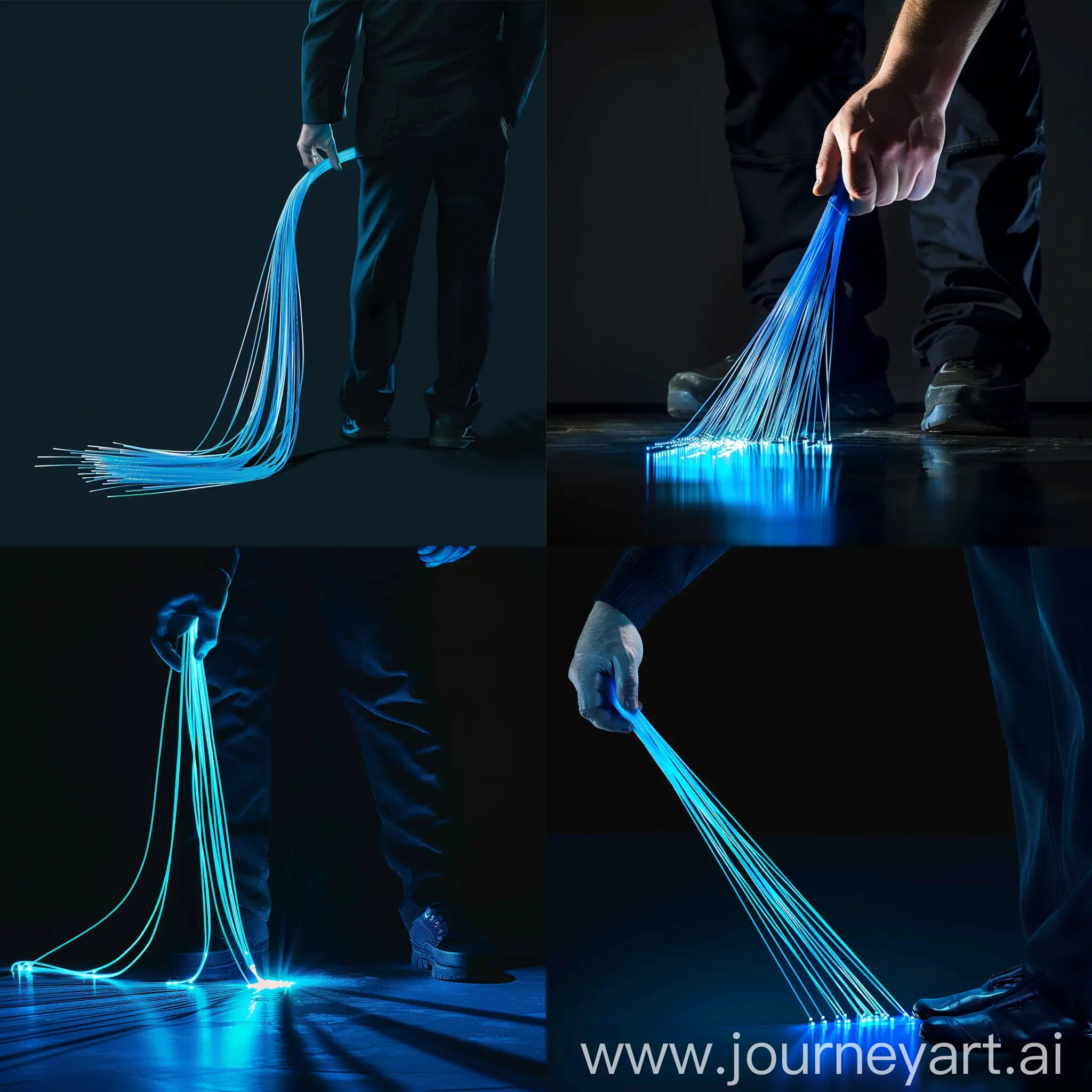 a man from the head to the feet, holds a blue optic fiber cable, that goes from his hand to the floor. It should be realistic