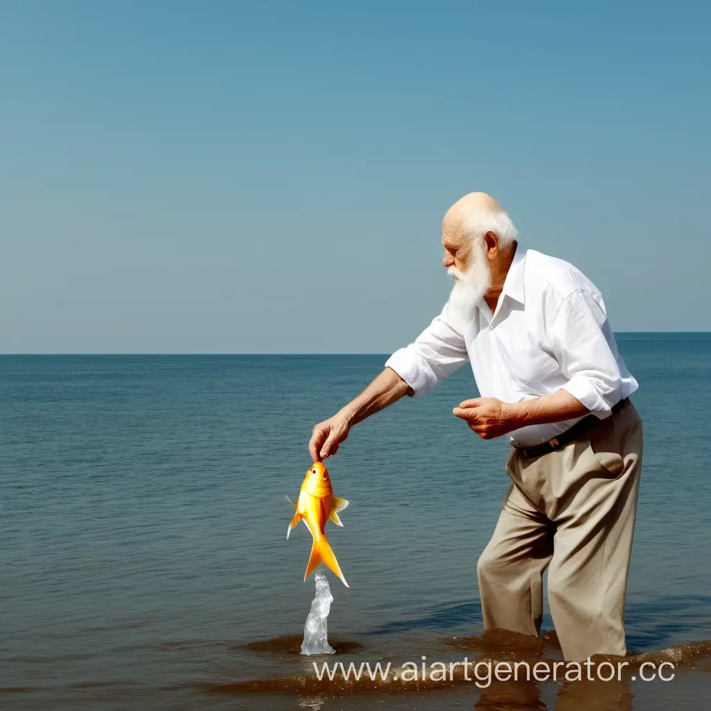 Бедный старик в белой рубашке с белой бородой отпускает золотую рыбку в воду и смотрит на море, на фоне изображения пустое море, дневное время суток