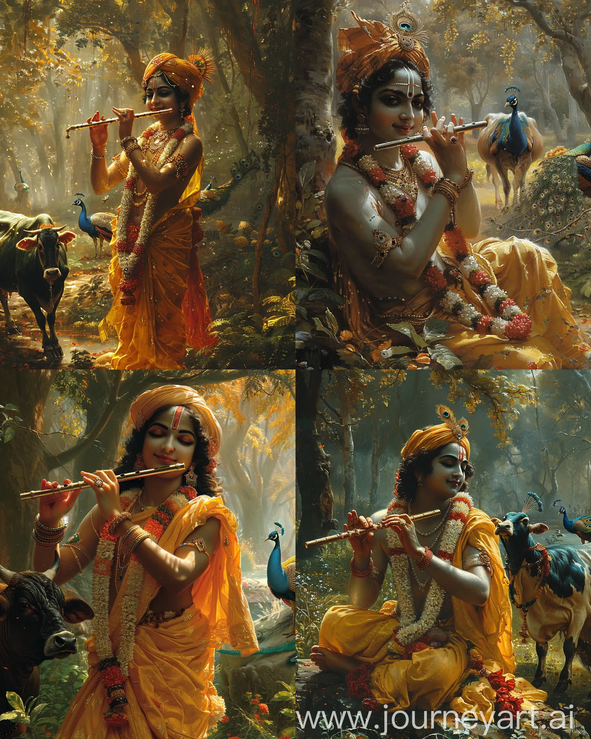 Handsome, serene smile, Lord Krishna with a divine glow in a tranquil forest, playing the flute, accompanied by his sacred cow, under a canopy of lush trees, soft dappled sunlight, peacocks in the background, traditional attire, realistic digital oil painting with attention to texture and vibrant colors typical of Rajasthani miniature art --ar 4:5 --s 750 --v 6