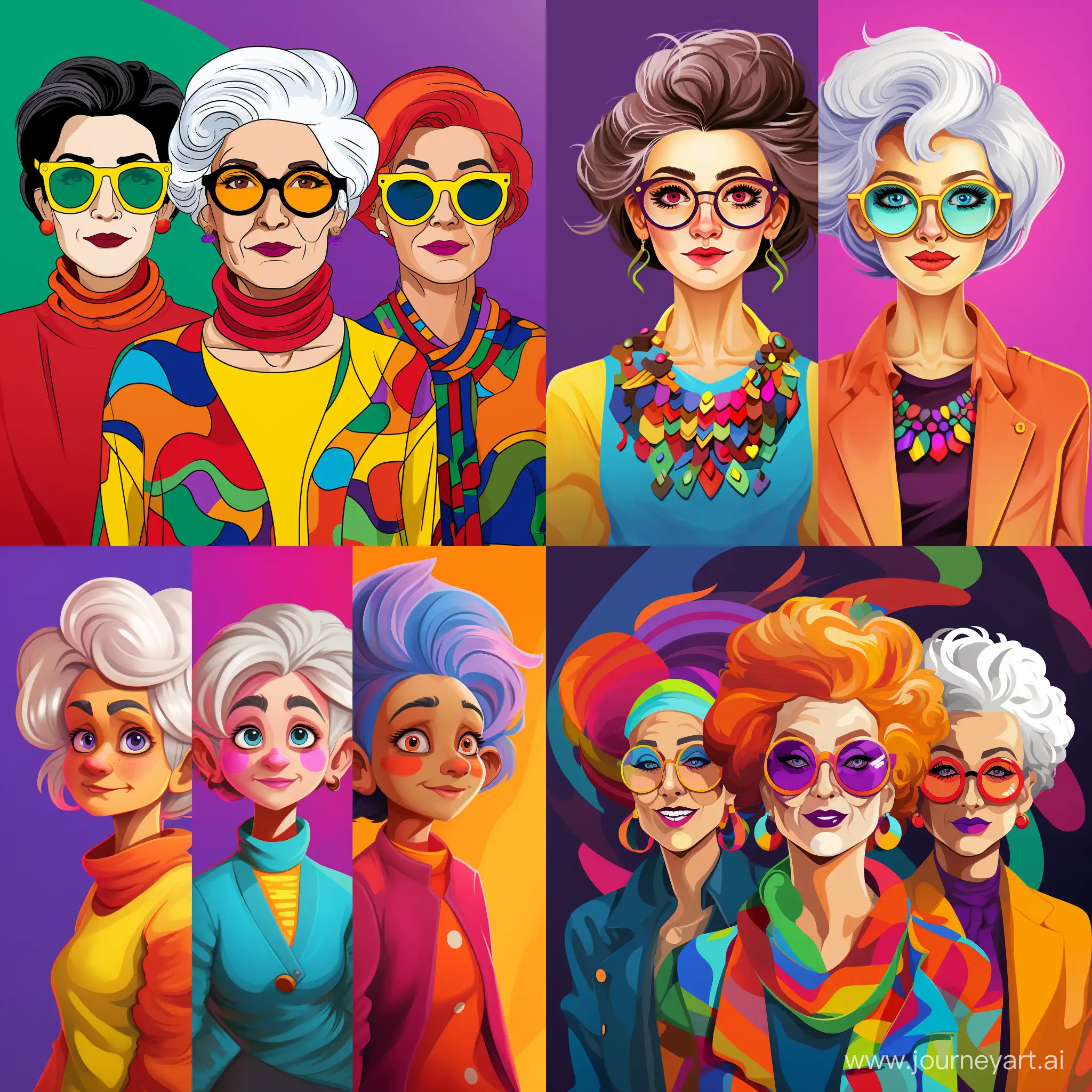 Colourful cartoon style of the same woman as a 5 year old, 25 year old and 60 year old 