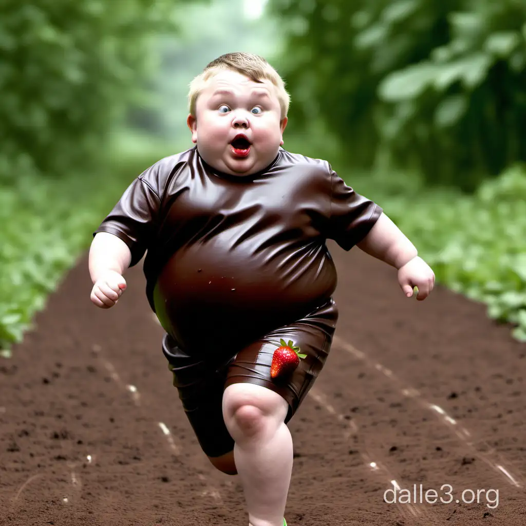 очень толстый мальчик бежит за клубникой в шоколаде