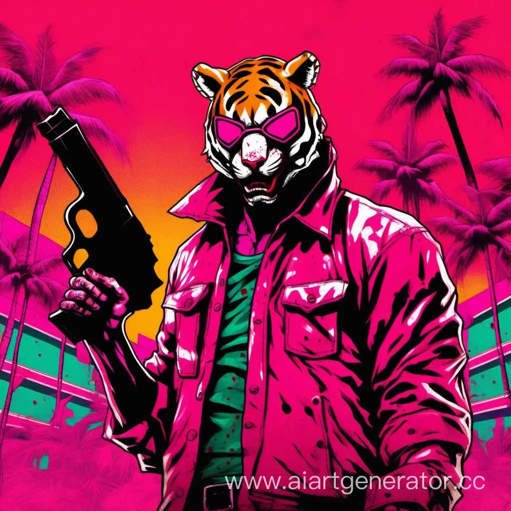 hotline miami, в кровавой маске тигра , с двумя пистолетами в руках, много крови, фон miami с розовыми оттенками 