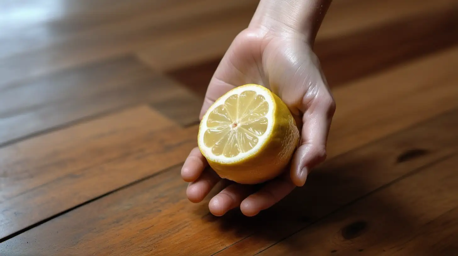 one hand holding shiny and watery sliced lemon on wood floor
