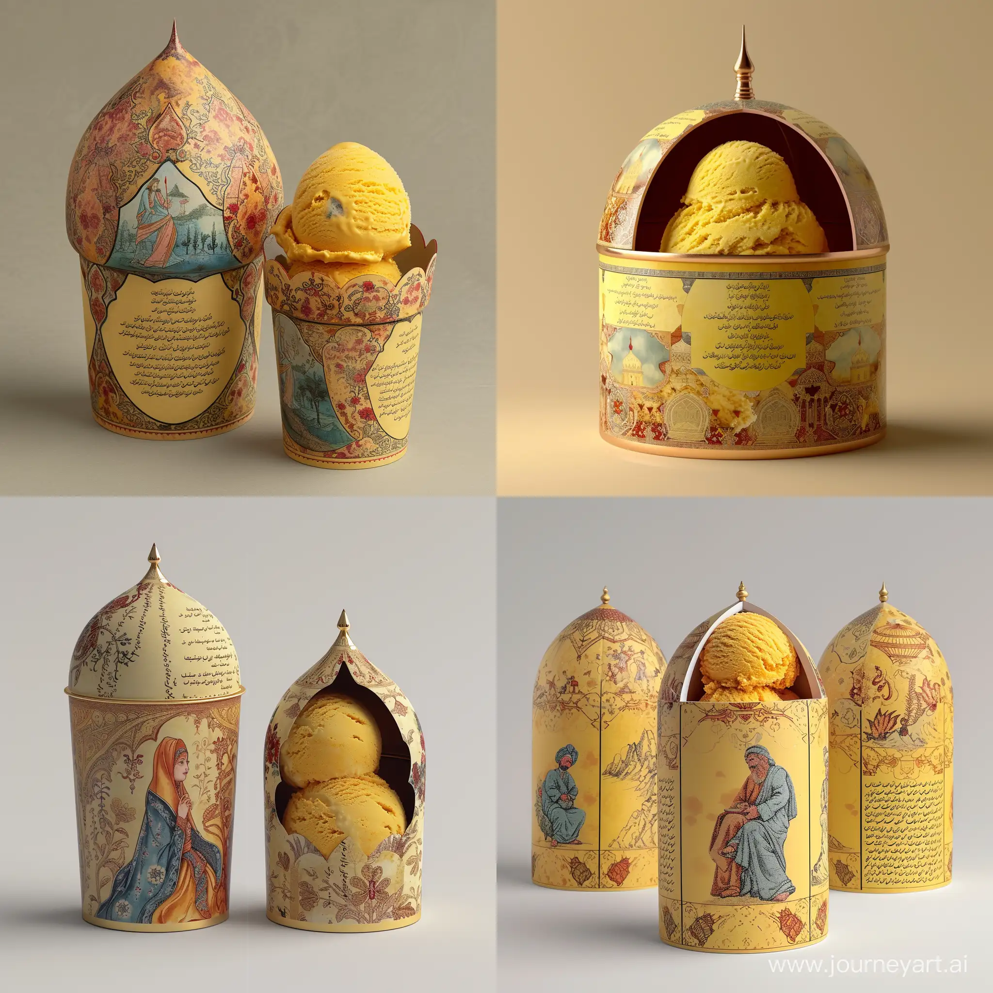 Imagine an image of The minimal design packaging for traditional Persian ice cream is designed with a stunning and environmentally friendly minimal style, using sustainable materials. It takes the shape of a luxurious opulent inspired Dome-shaped forms of Persian architecture, embellished with Persian fairytale storyboard reliefs inspired by the works of Hokusai and James Gurney+Ralph Steadman. The design features minimal yet intricate traditional motifs, creating a visually striking presentation. Inside, the luxurious saffron ice cream is held within layers adorned with poetic inscriptions, adding elegance and artistry to the experience. The entire presentation is aimed at being sustainable and eco-friendly, aligning with the current trend towards environmental consciousness. This packaging not only showcases the rich cultural heritage of Persian ice cream but also elevates it to a new level of luxury and artistry, embodying minimal sustainable opulence. It is perfect for those who appreciate both tradition and innovation in their culinary experiences.realistic style