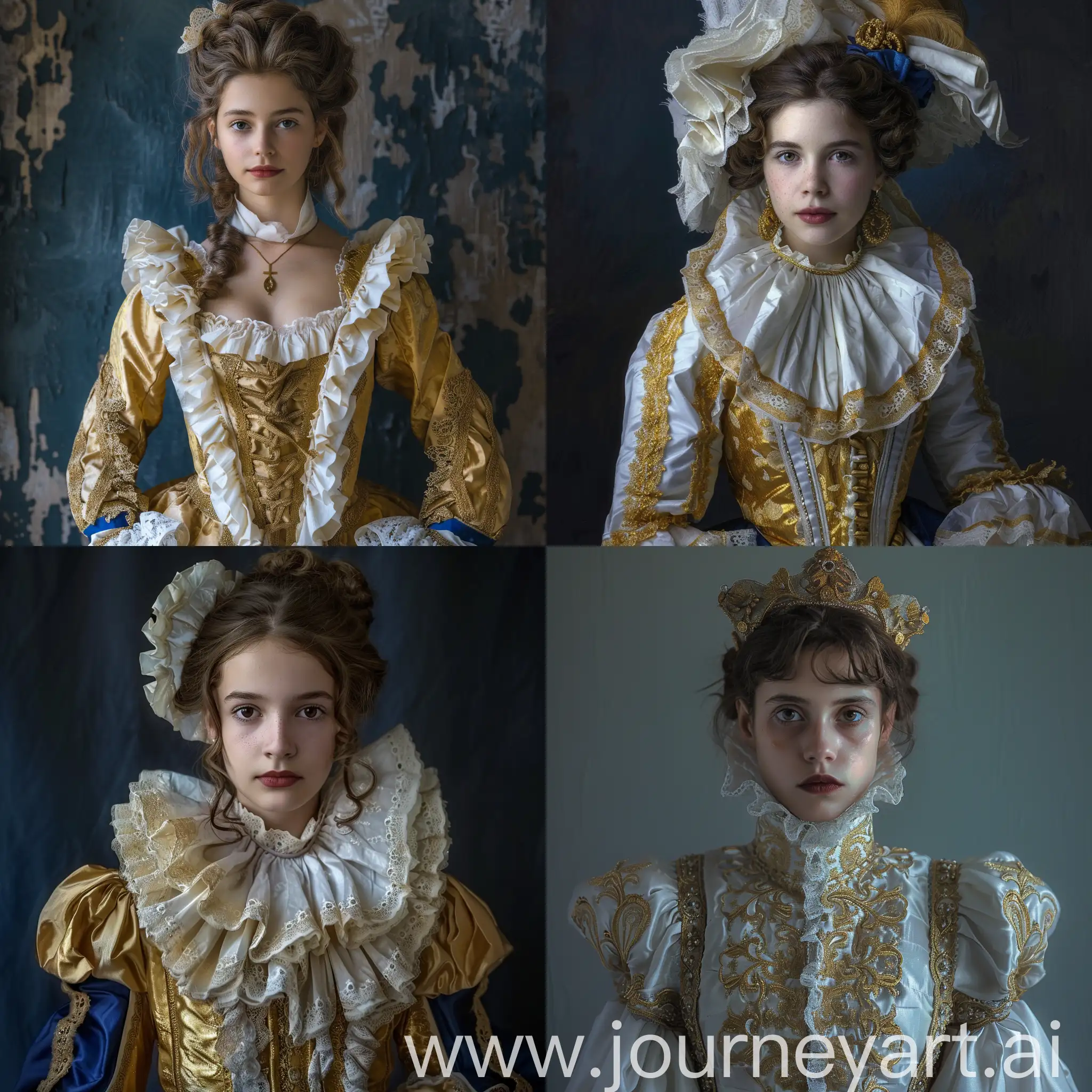  robinson's halloween reimagined as a young woman in gold and white costume, in the style of rococo portraitures, elina karimova, authentic details, dark blue and light blue, uhd image, vicente romero redondo, exquisite detail