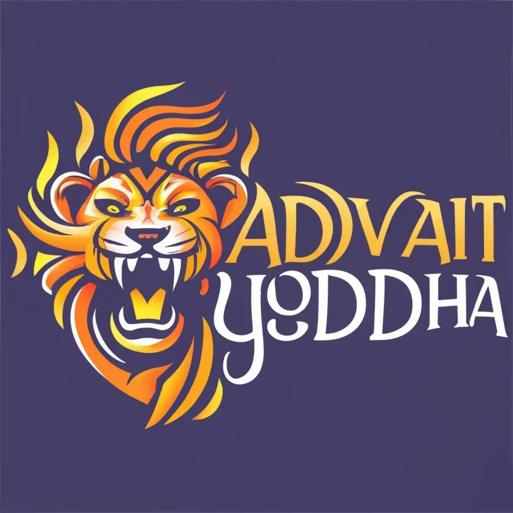 logo, Lion, with the text "A team of fearless warriors united under the make a logo for a cricket team which depicts Indian values  "A team of fearless warriors united under the banner of 'Advait Yoddha', their faces grim and determined as they prepare for battle." "A stylized emblem featuring a lion's head roaring defiantly amidst flames, with the words 'Advait Yoddha' emblazoned below." "A minimalist logo with the letters ", typography"
