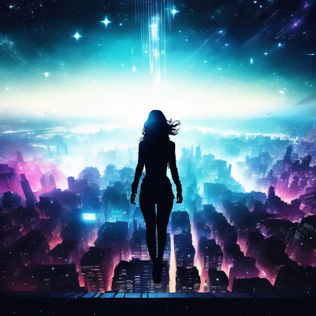The silhouette of woman floating above a vibrant and dense cyberpunk city:: add stars in the night sky and something falling from the sky onto the center of the city 