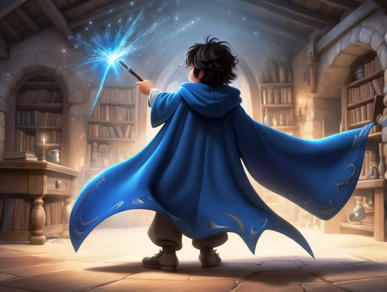 young sorcerer's apprentice with messy, dark hair and a blue cape, shows his back, only the back of his head can be seen, no face, holds up his magic wand. Disney character



