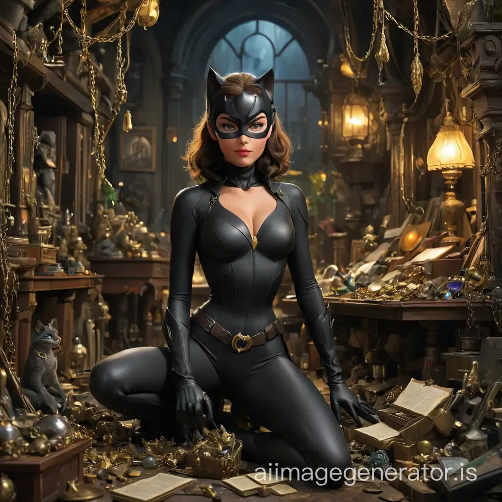 Catwoman in her hidden lair, surrounded by treasures, but also photos and mementos hinting at a softer side.