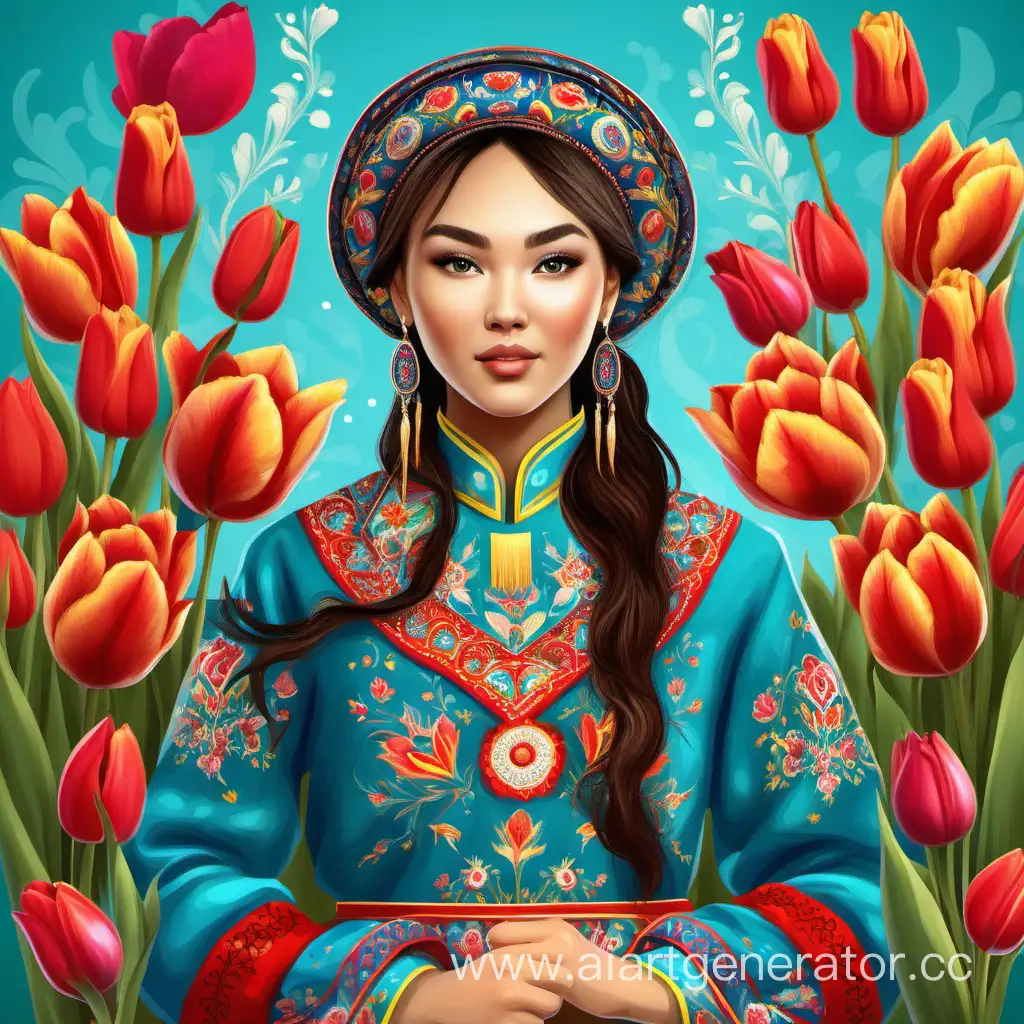 красивая девушка казашка, в национальной одежде, в национальных украшениях, фон цветочный, весна, в руках тюльпаны