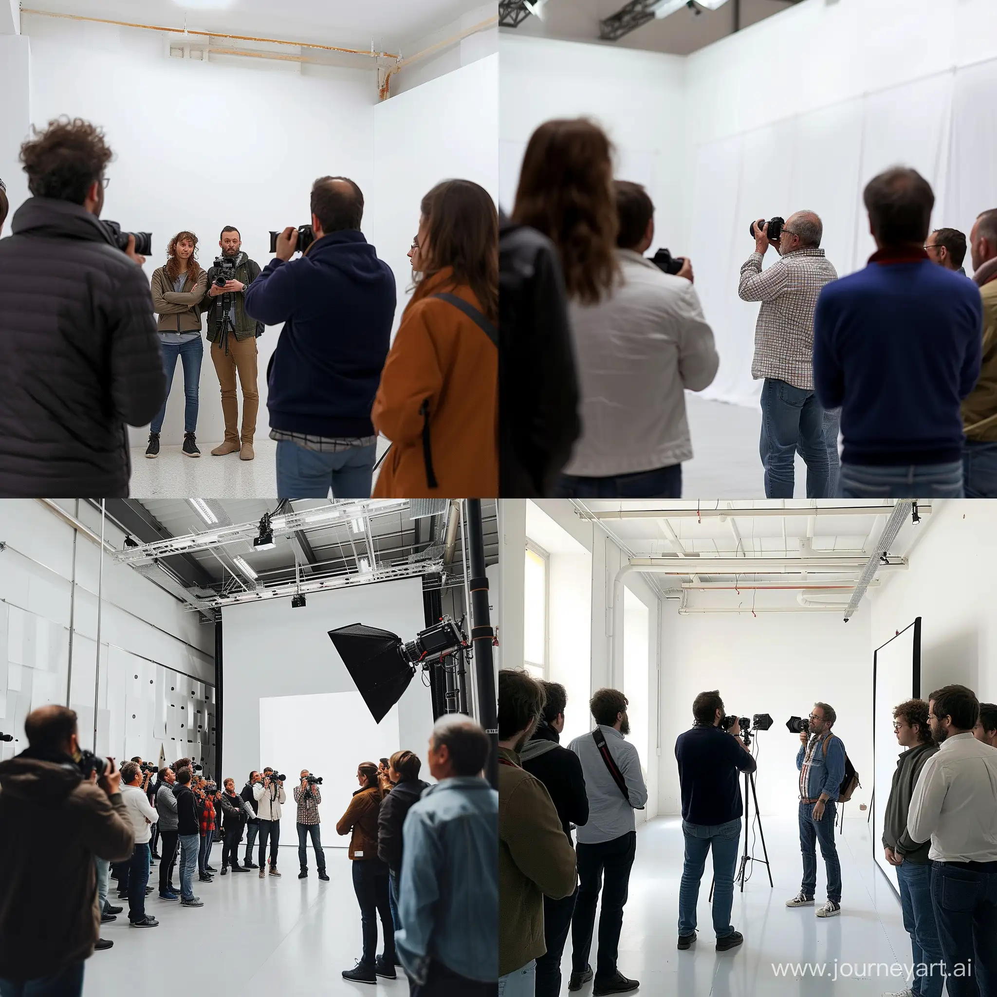 مجموعة مصورين في ورشة تدريبية في قاعة جدرانها بيضاء يقدمها مصور ويشرح لهم على جهاز الكاميرا (الصورة بعيدة)