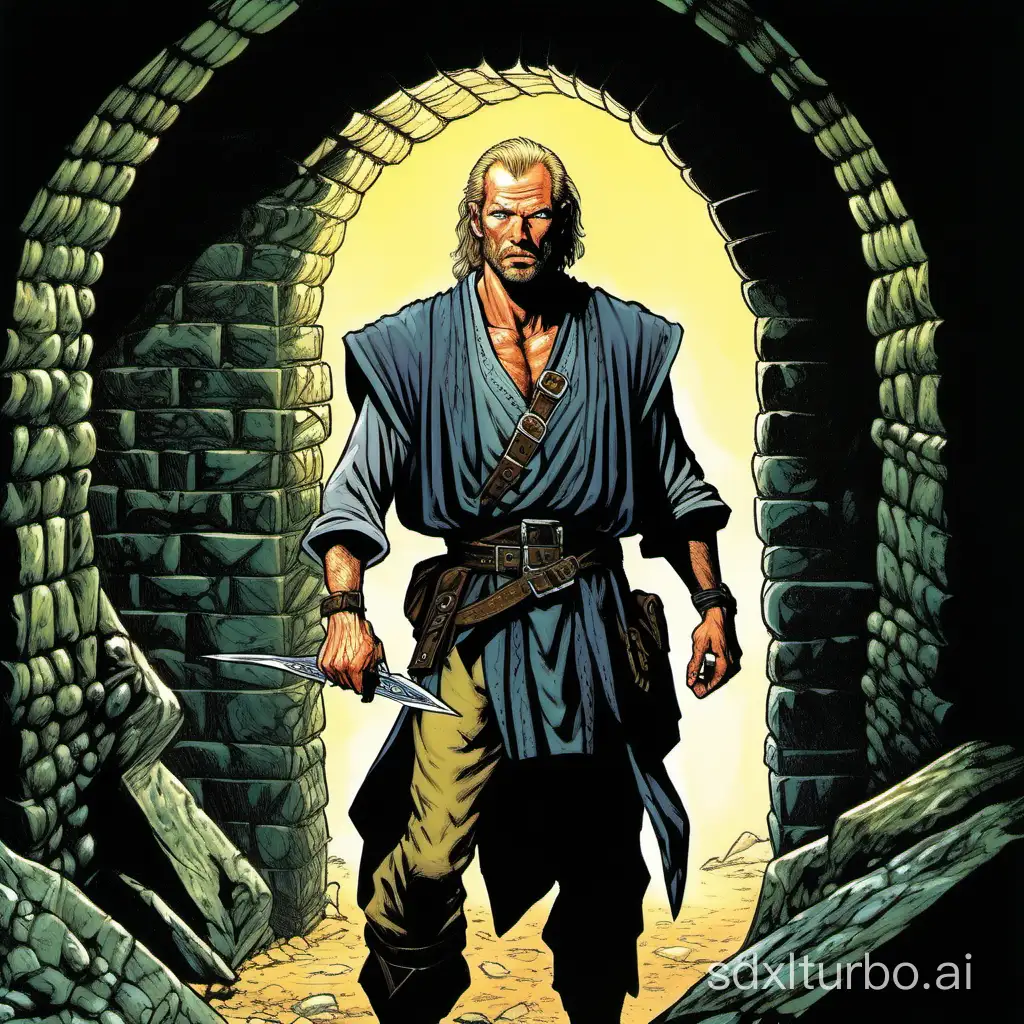 illustration, character profile, an older Jorah:fighter lurking in a tomb tunnel, impatient expression, dark and moody atmosphere, half body, 16bit color, style of 1989 Dungeons and Dragons, by Clyde Caldwell,