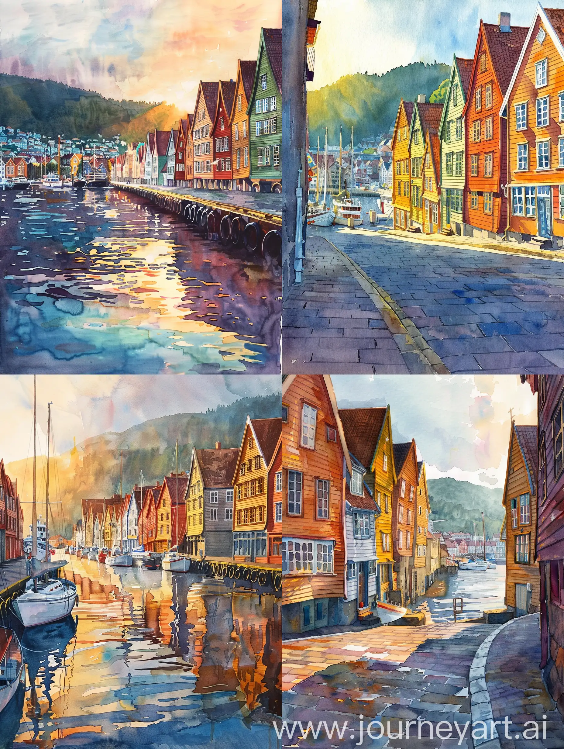 Watercolor-Painting-of-Bryggen-Hanseatic-Wharf-in-Bergen-Norway-at-Sunrise