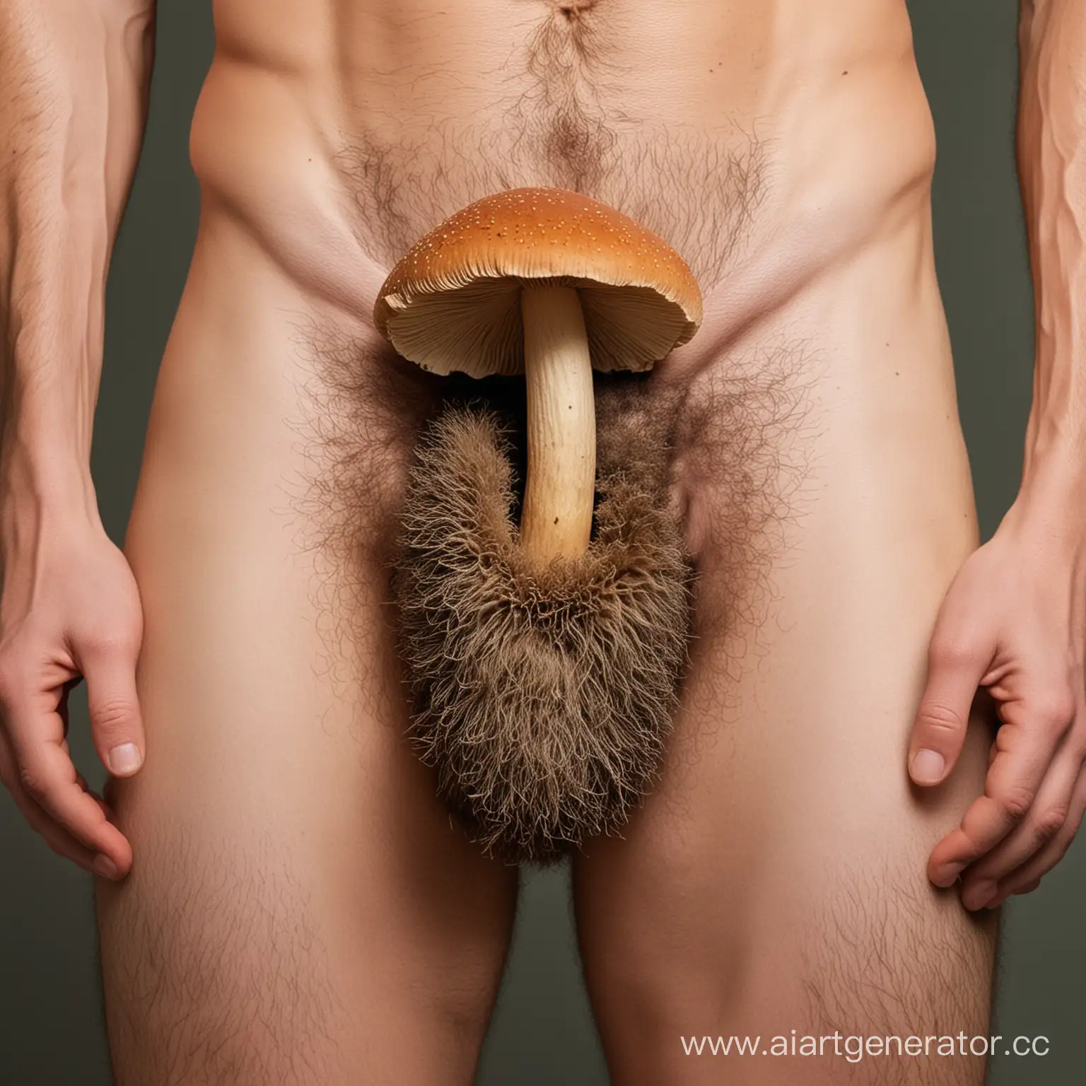 голый мужчина с большим волосатым пенисом, а на его лобке растет гриб
