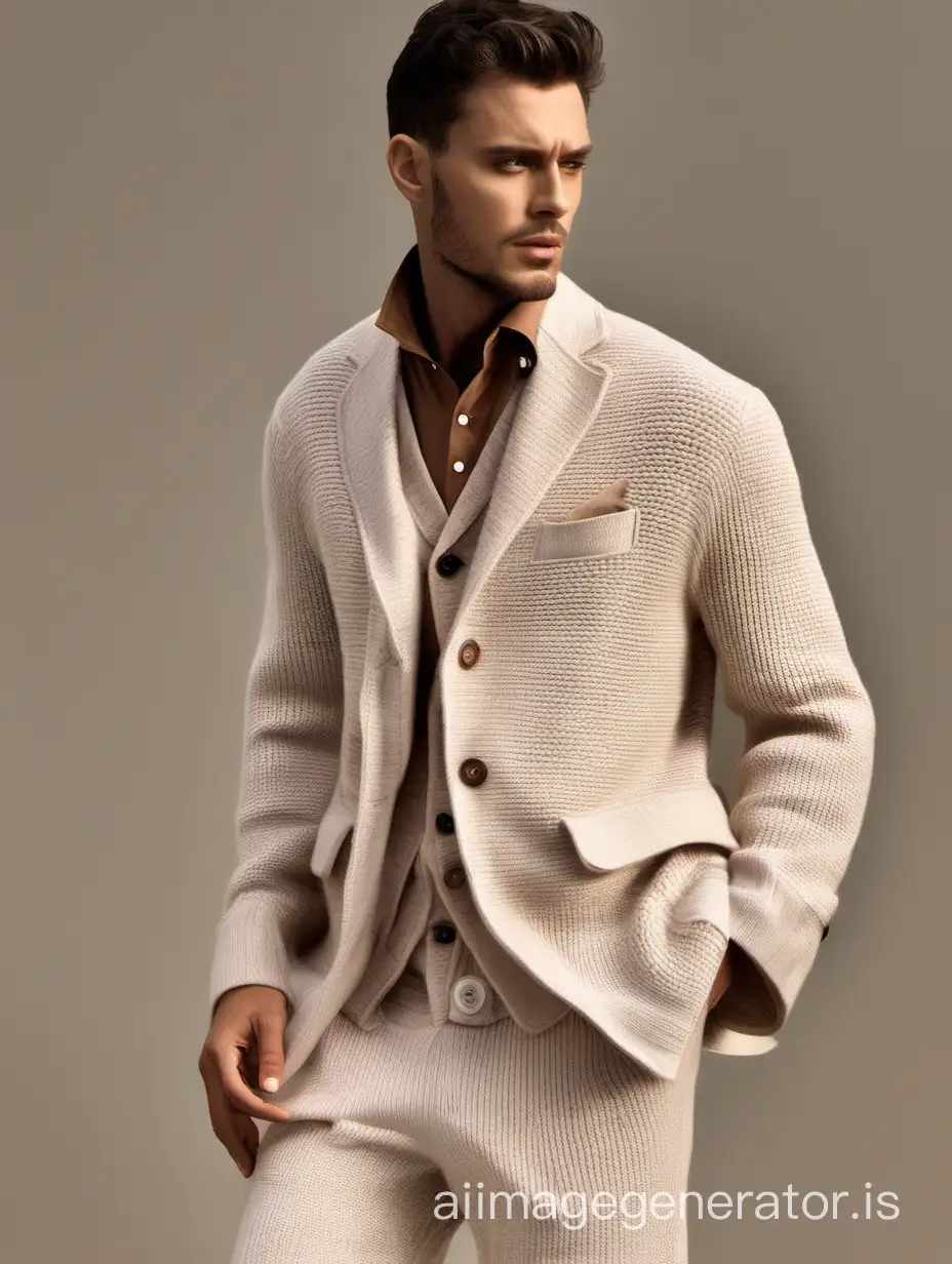 Classic oversized knitted three-piece suit, light beige color, men's style jacket, wide knitted skirt, knitted vest with buttons, high quality, detailed knit texture, professional, neutral tones, soft natural lighting