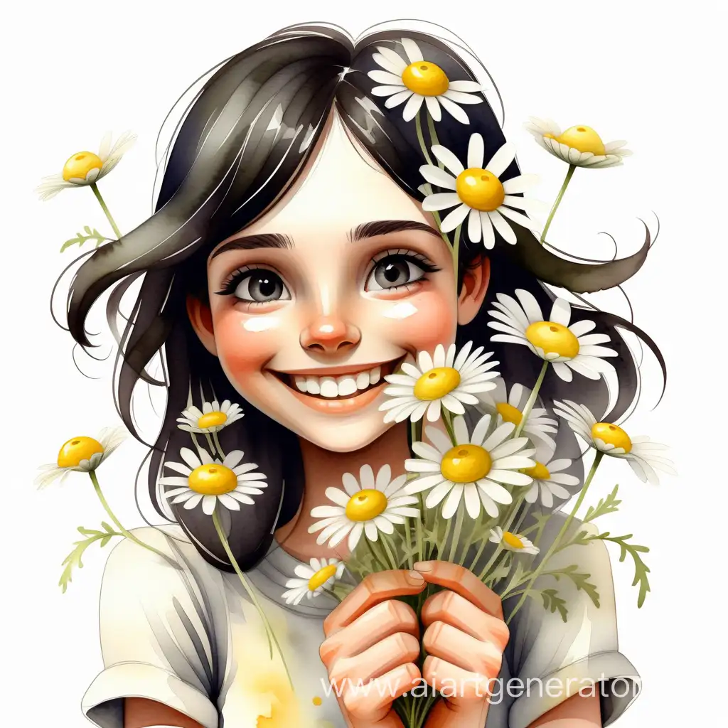 девочка с темными волосами  улыбается держит в руках цветы ромашки в полный рост на прозрачном фоне нарисованные акварель.