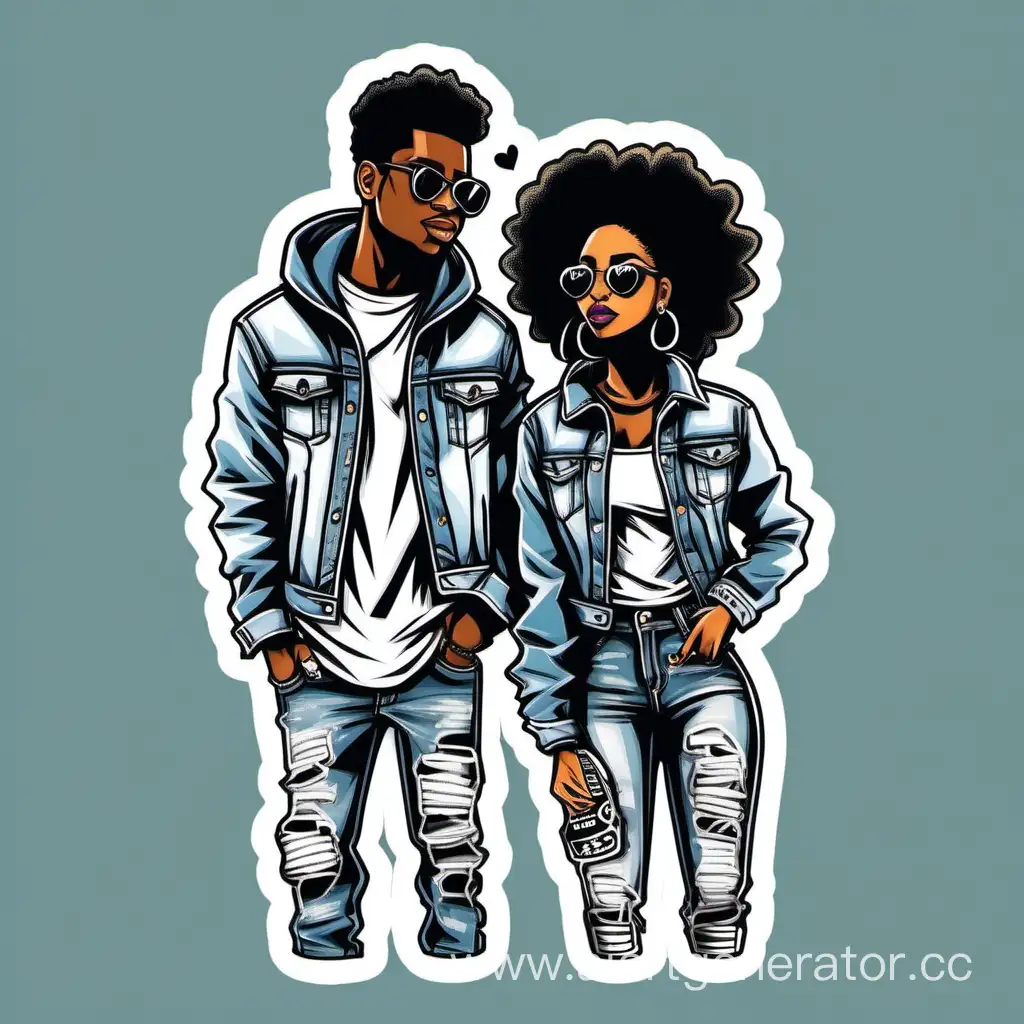 Sticker, Street-Smart Black love couple in Distressed Denim Jacket and Sneakers, Radiating Hip-Hop Swagger, contour, vector, white background