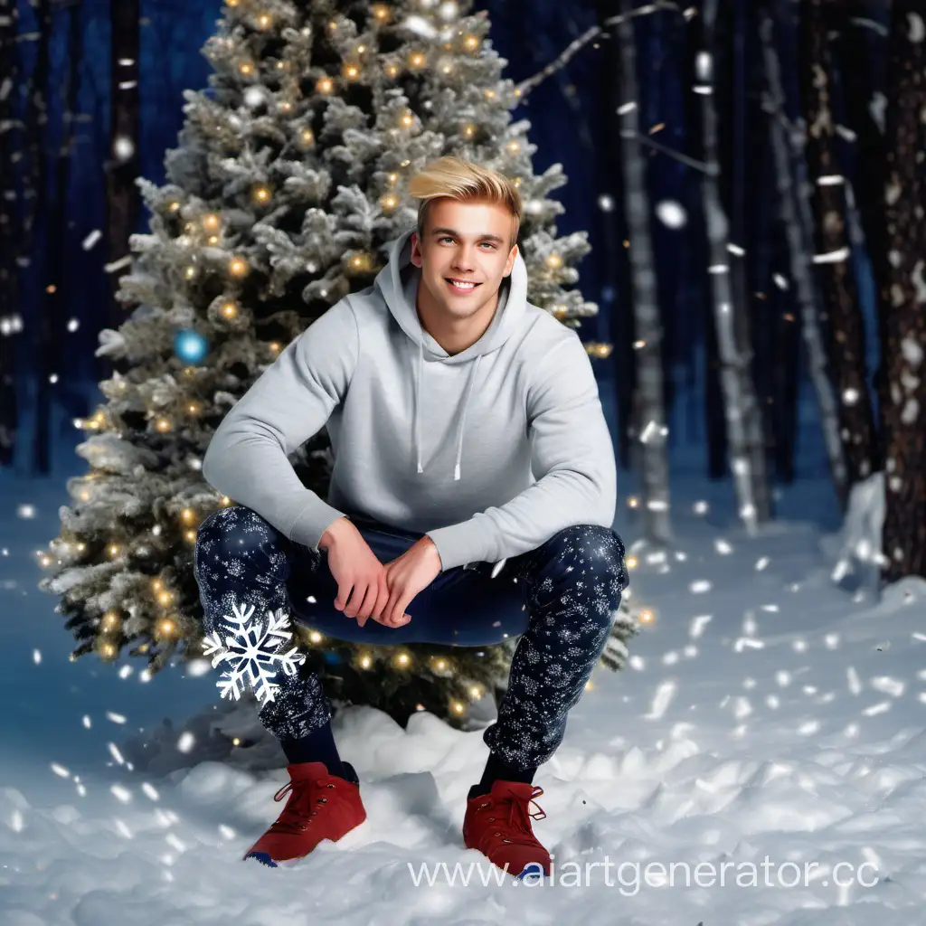 A guy standing by a Christmas tree in the woods. confetti lights. twinkling snowflakes. THE GUY'S LEGS ARE PUMPED UP, YOU CAN SEE HIM SITTING ON A SNOW GLOBE. young handsome pumped up guy 25 years old blond. sits in the forest on fir branches. on the guy warm woolen sports pants tight. winter snow glistens fir trees covered with snow shines bright moon and snowflakes shimmer. lights. confetti. 