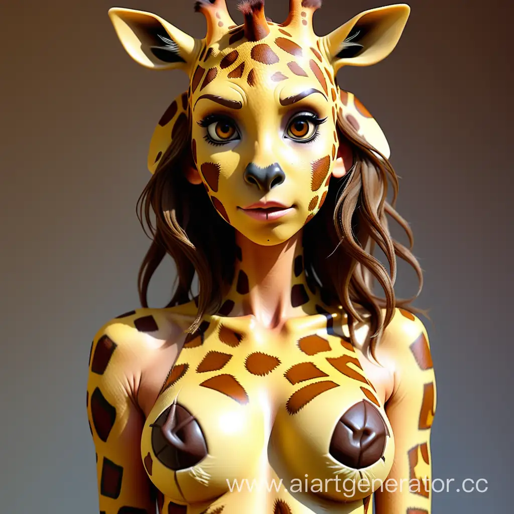 Латексная девушка фурри жираф с желтой с коричневые пятнами обнаженной латексной кожей с мордой жирафа вместо лица