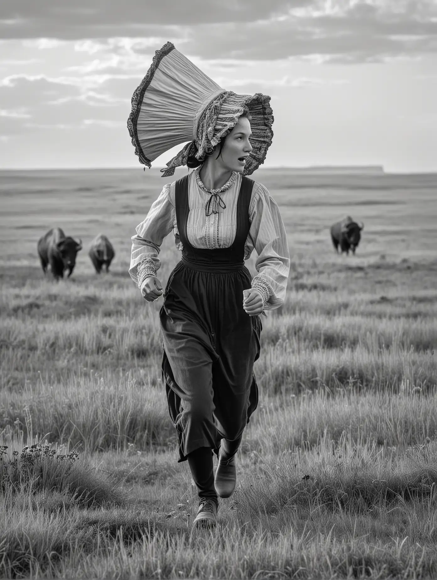 A woman runs through the prairie.  She is a pioneer and wears a bonnet. There are buffalo in the background. she is seen from the side. In black and white. 