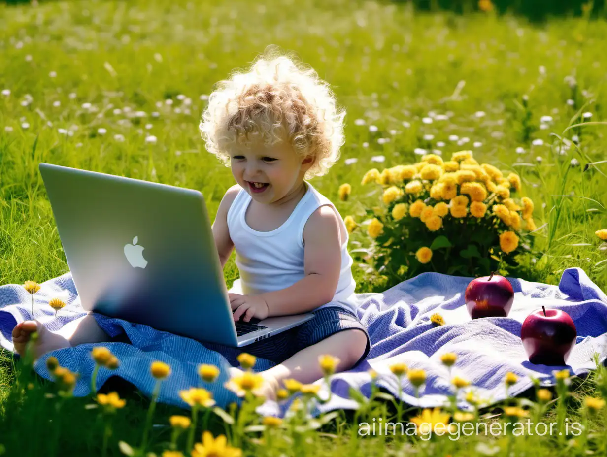 happy blond and curly-haired three-year-old boy sunbathes on the lawn among beautiful meadow flowers, playing with an Apple laptop, the boy has normal human legs and arms