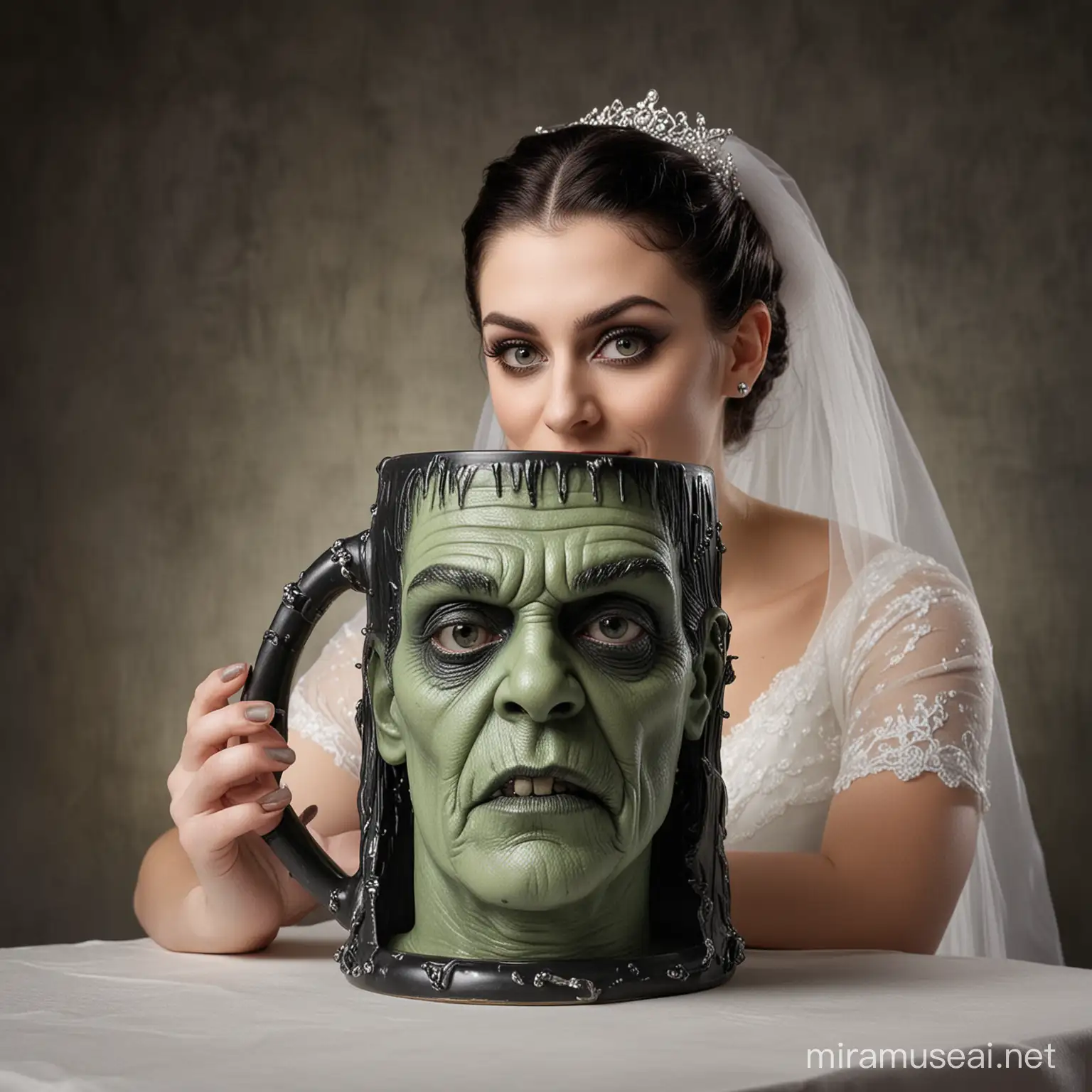 A realistic image of a stein mug in the shape of Frankenstein's head being held by a sexy 19 year old Bride of Frankenstein. Gothic lab setting.