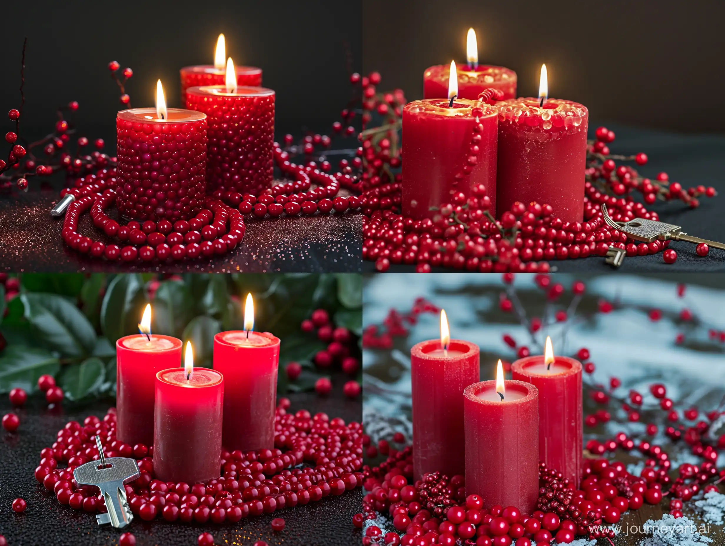Vibrant-Red-Candlelight-with-Beads-and-Key-in-Water