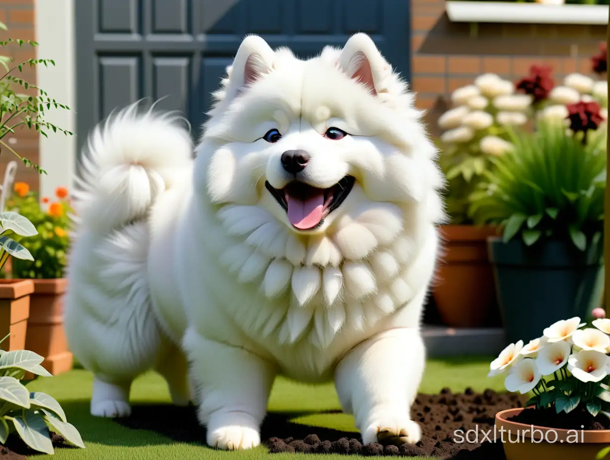 a cute samoyed is working in the garden