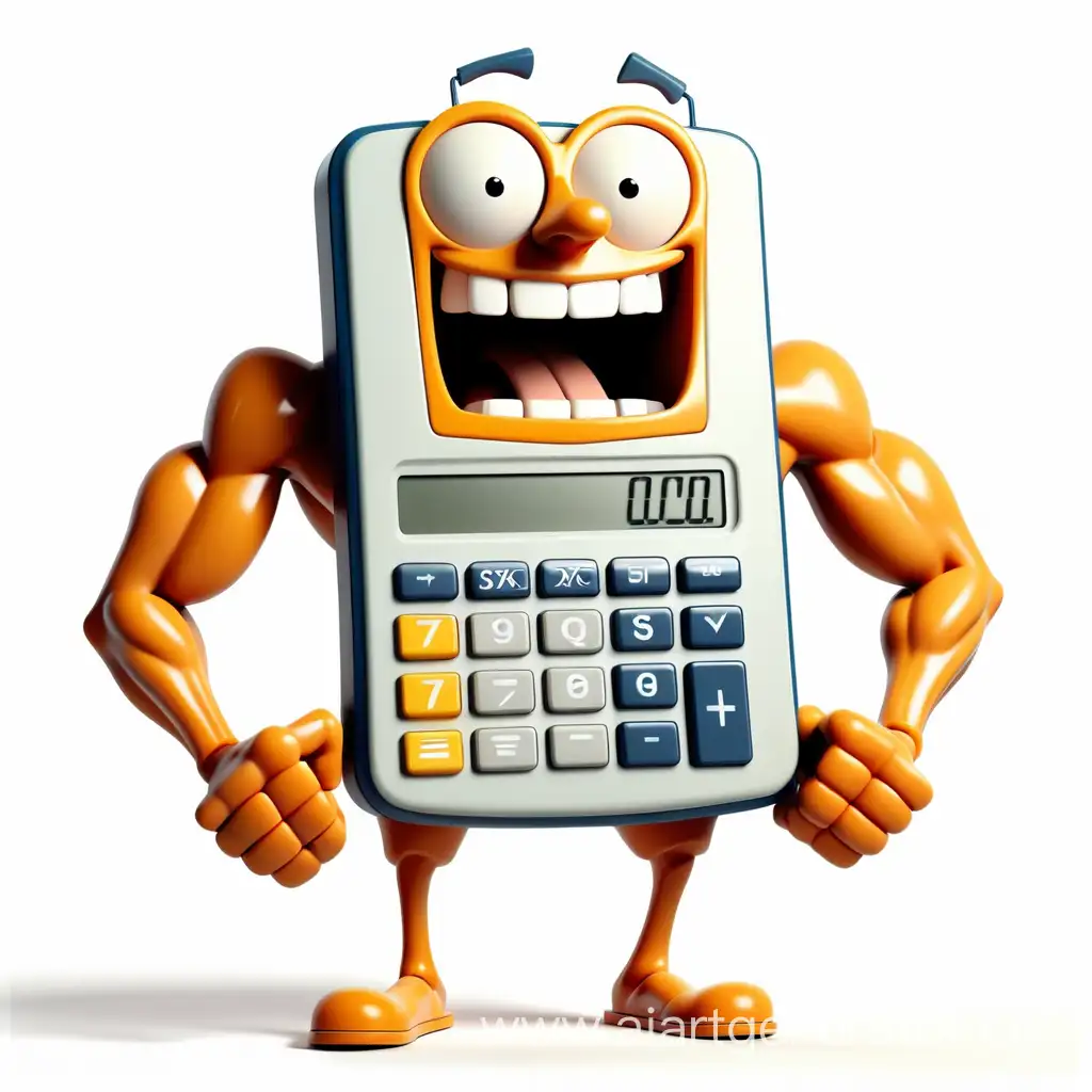 веселый калькулятор с ножками и мускулистыми руками , без тела, белый фон