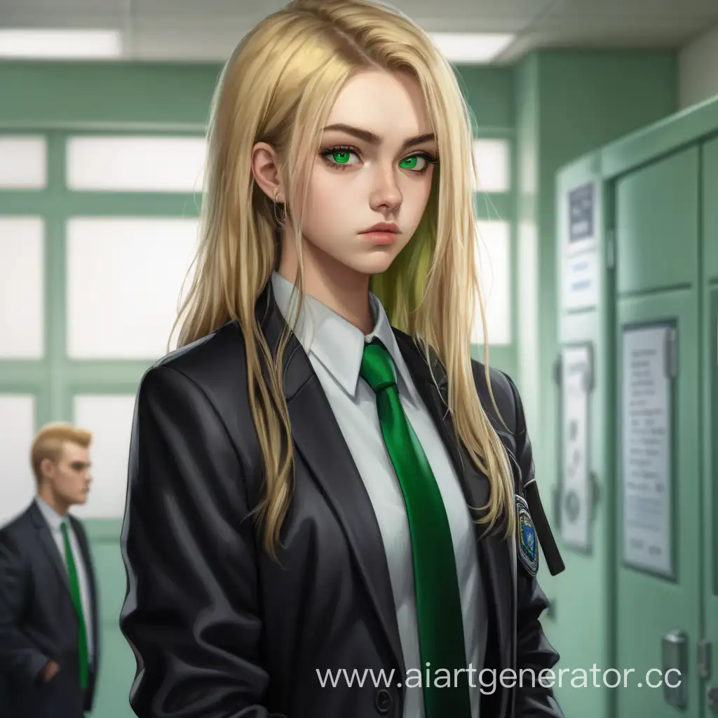 девушка блондинка 22  года  с зелеными глазами ,в в черном пиджаке с зеленым галстуком, волосы . серьезность и взгляд серьезный  стоит в полицейском участке