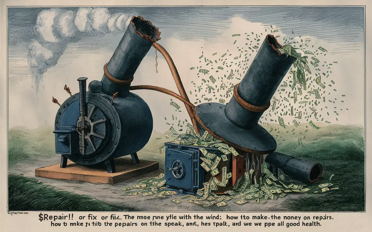 The repair was done/ The repair was patched, the chimney of the coal boiler broke, half of the pipe is standing, the other half of the pipe fell on the safe from which the money spilled out, repair! To do... Or to patch, money wasted, money flew into the pipe, how to earn money for repairs, style of the image "No text on the image", $ook, without text, and our pipe fell down and wished everyone good health :)