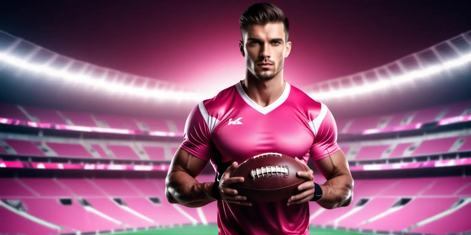 Handsome Athlete Holding Football Real Person Portrait with Sports Arena Background