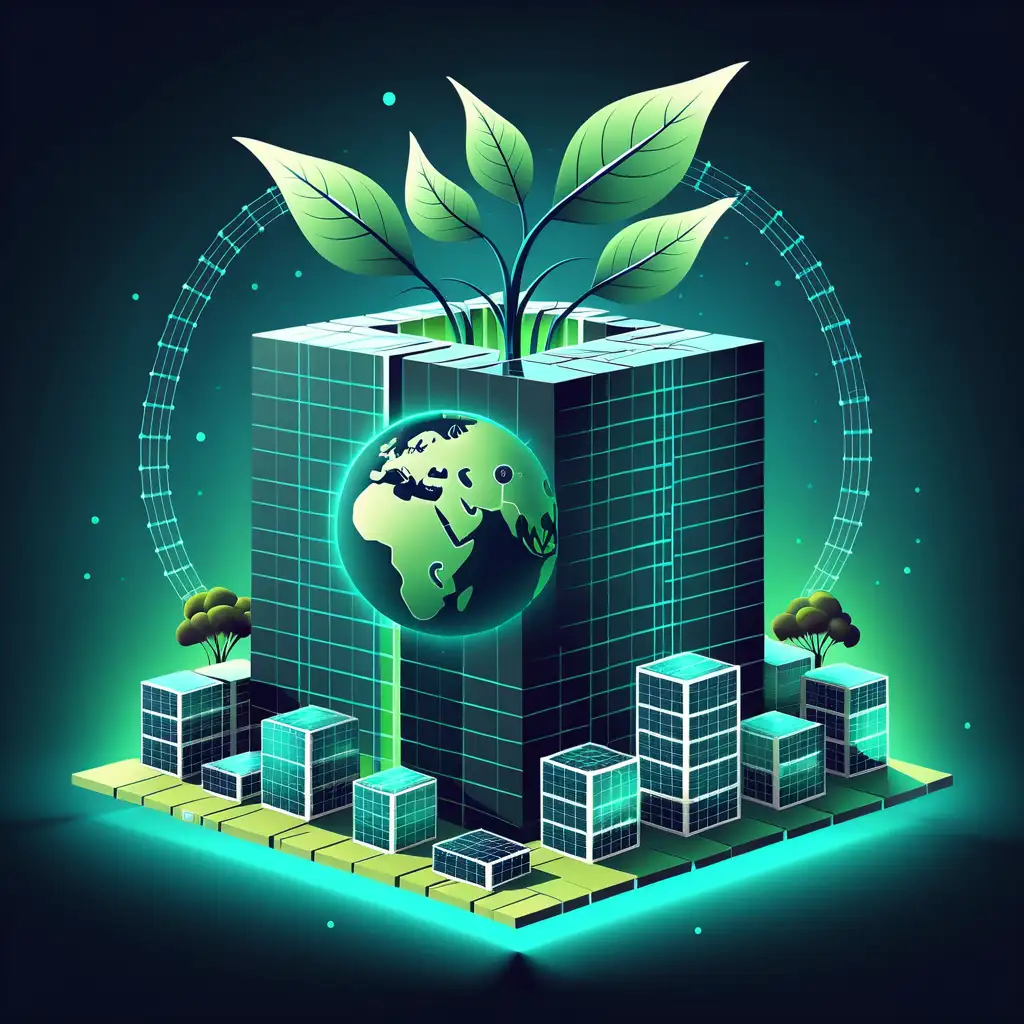 renewable green energy illustration, dark background, no text, blockchain related, teal blue, advanced civilization illustration