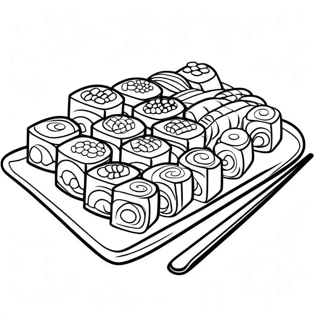 Sushi rolls bold ligne and easy , Coloring Page, black and white, line art, white background, Simplicity, Ample White Space. The background of the coloring page is plain white to make it easy for young children to color within the lines. The outlines of all the subjects are easy to distinguish, making it simple for kids to color without too much difficulty
