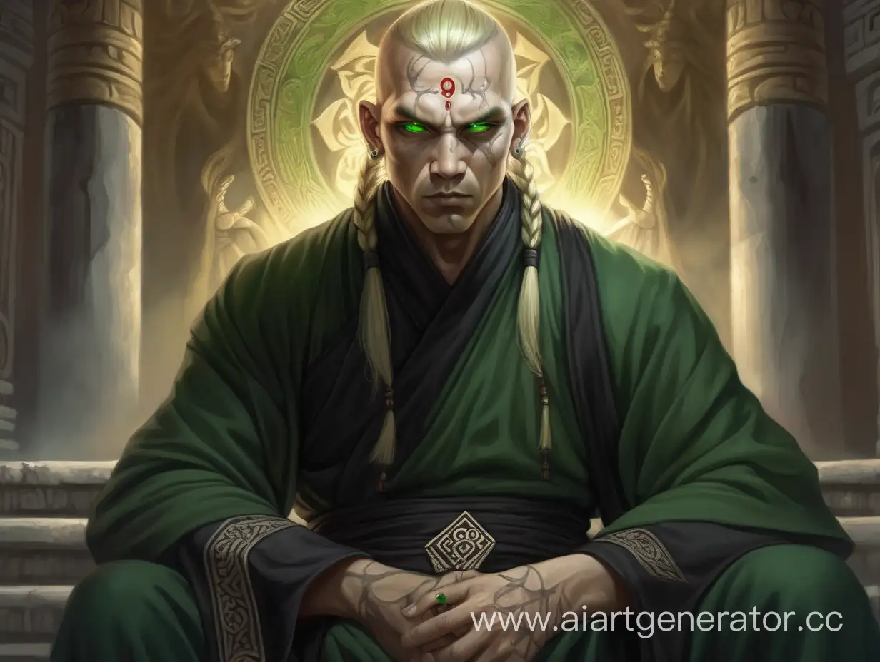 Blonde hair man in his forties is the most powerful monk and faithful servant of the ancient evil god sitting in the temple, has green piercing eyes and wears dark clothes with deep scars on his face