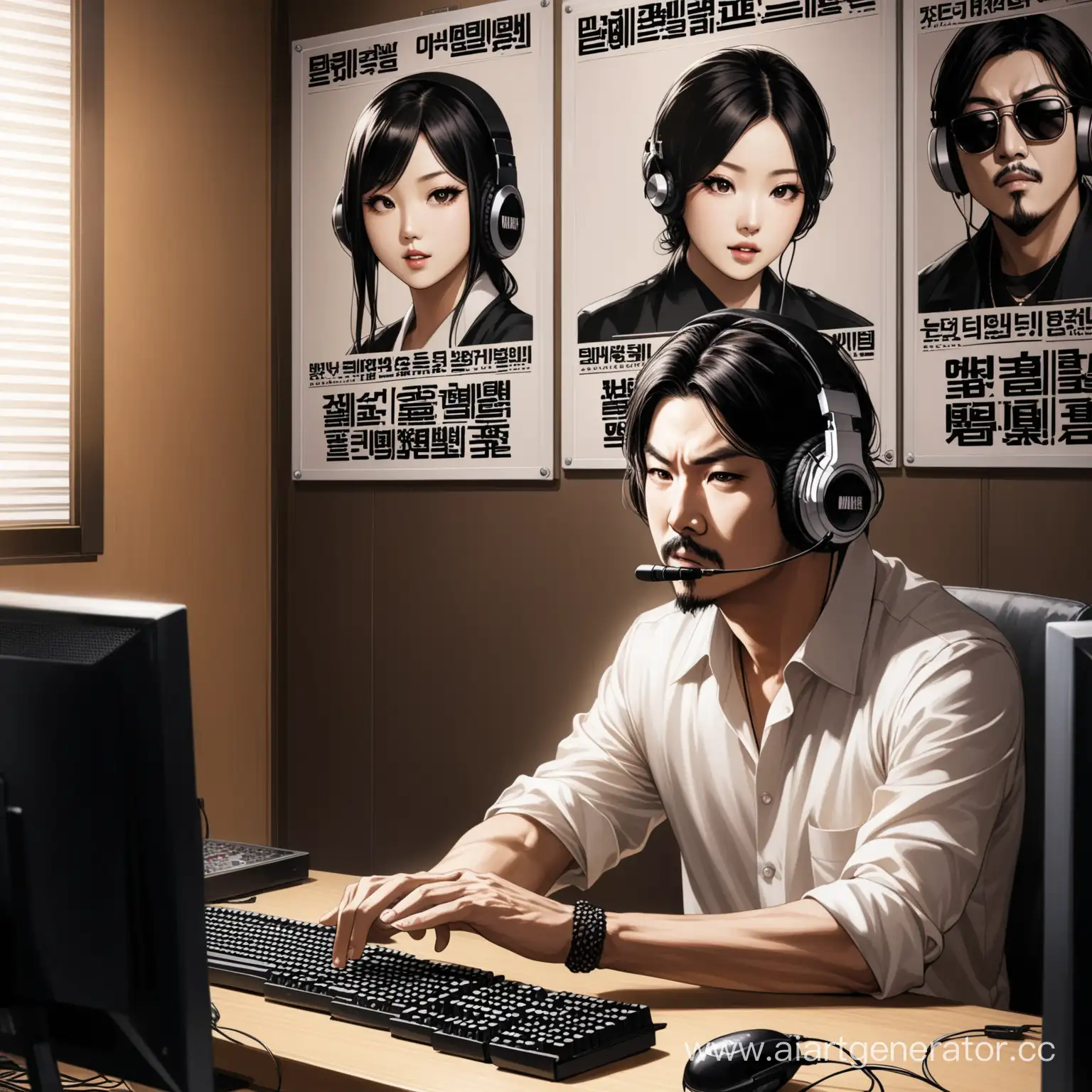 японский мафиозник в наушниках за компьютером сидит в комнате, на стене несколько плакатов с корейскими певцами, на экране игра Conter Strike
