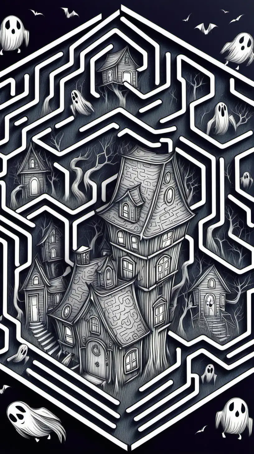 Hexagon Mazes with Haunted House Theme Intricate Halloween Puzzle Art