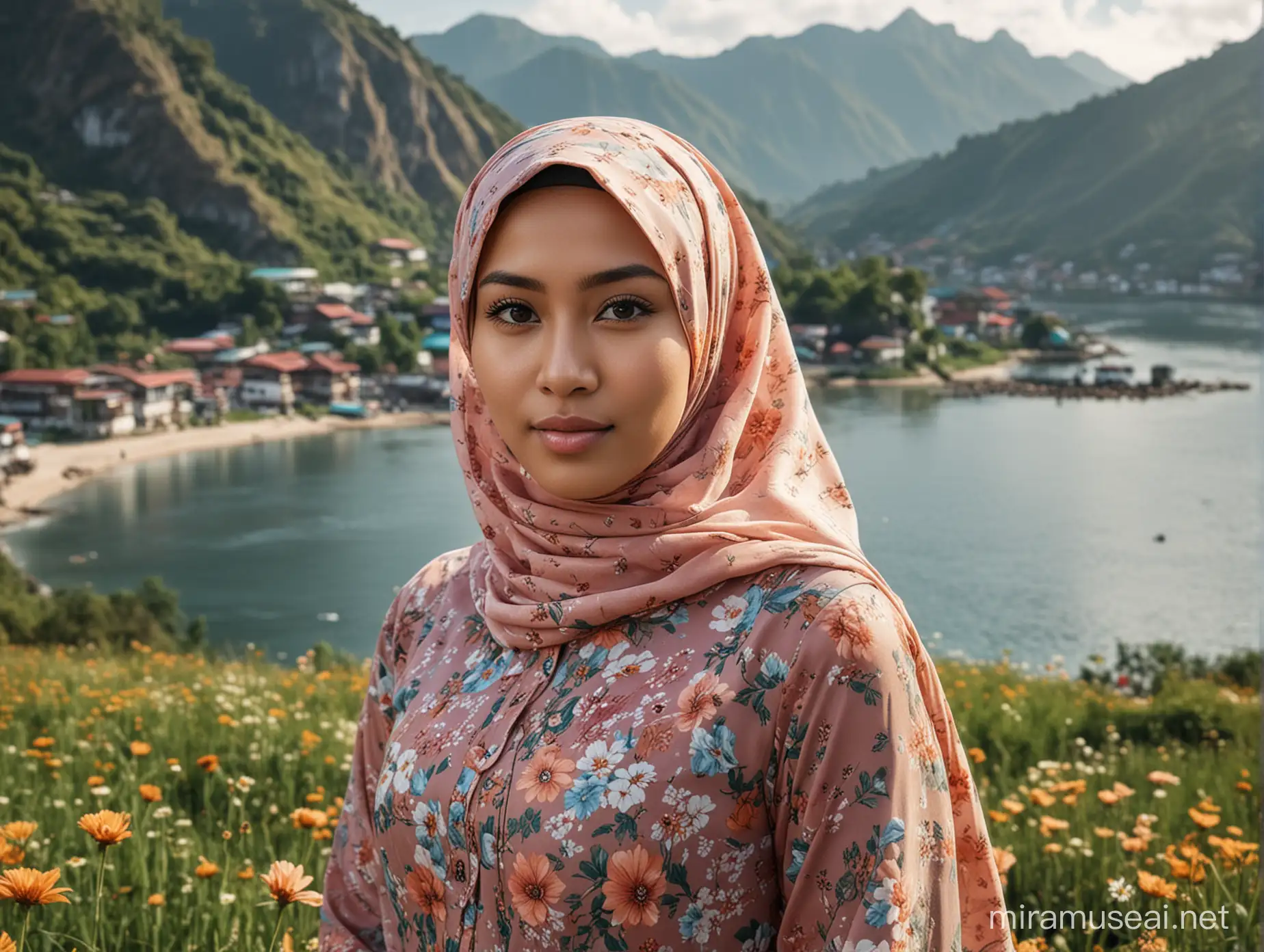 Seorang wanita Indonesia umur 23 tahun,memakai baju bermotif bunga dan berjilbab,background pemandangan indah,realistis image