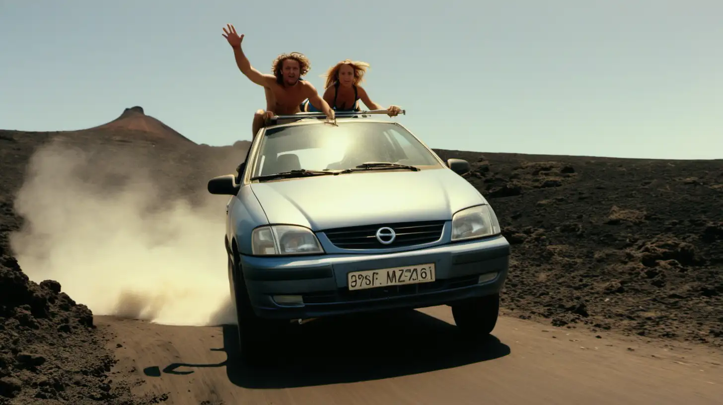 Aaron Dormer and Laura Hettich in "Timanfaya" Lanzarote driving off road in a 2005 silver old Opel corsa. The car is flying.
Laura is an influencer that shoots on analog cameras and is short with a big bum. 
Aaron is a filmmaker with long hair and surfer look. 

Surfboards on the car