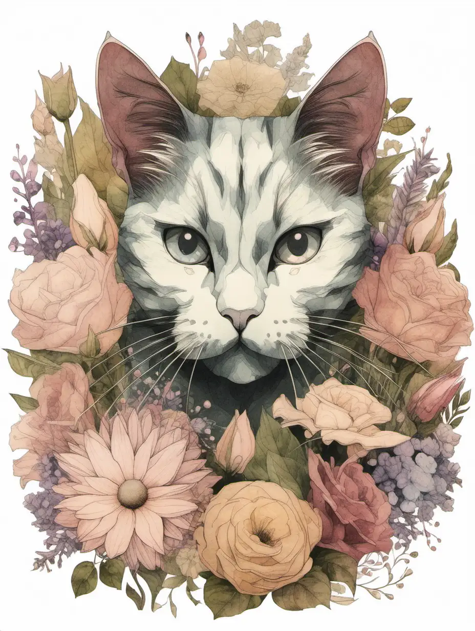  Completely Fill an ENTIRE silhouette of a cat with various sizes of REALISTIC illustrated flowers in muted colors no eyes,?add whiskers only