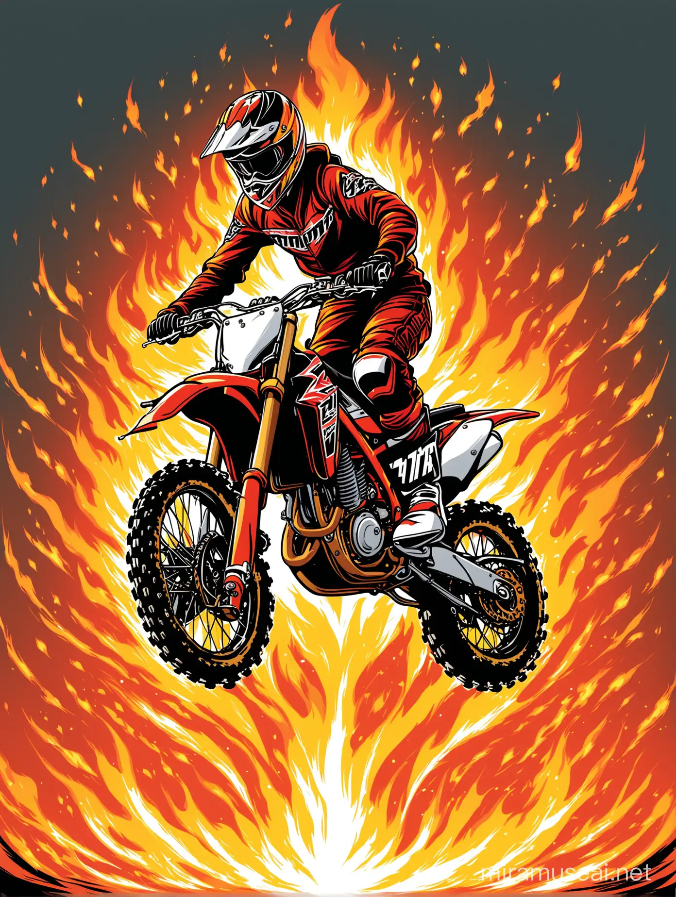 motorcross yang melompat tinggi di udara dengan background penuh kobaran api semangat membara, gambar vector